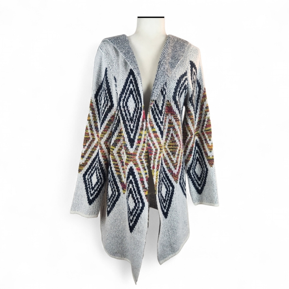 Boho Y2K Colorful Knit Boho Hooded Open Cardigan Sweater XL Aztec Geometric Cozy